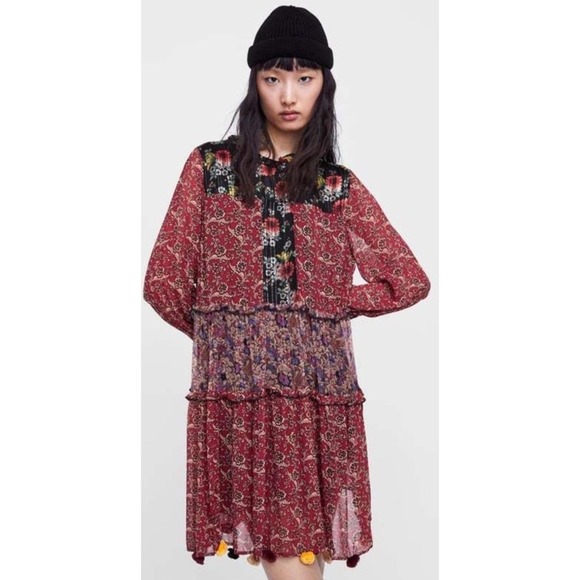 Zara Dresses & Skirts - ZARA Woman Patchwork Floral Midi Dress Tassel Hem Boho L EUR L MX 30